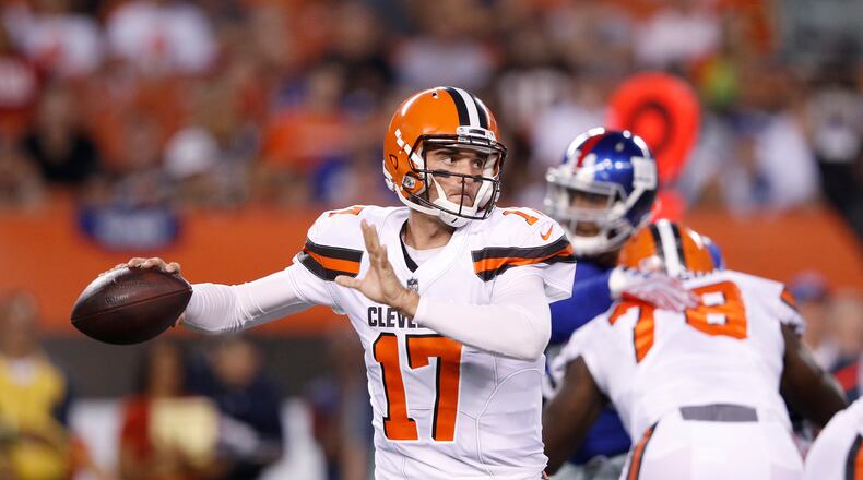 Browns quarterback Brock Osweiler throws a pass in the first half of a preseason game against the Giants Monday night at FirstEnergy Stadium in Cleveland, Ohio.