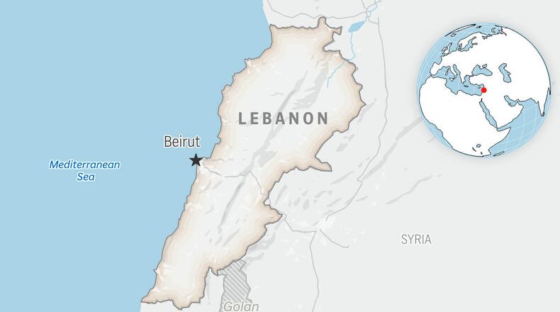 This is a locator map for Lebanon with its capital, Beirut. (AP Photo)