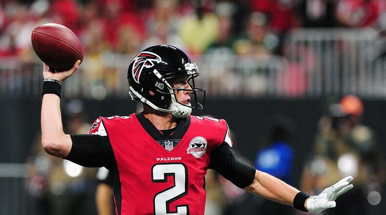 ATLANTA, GA - SEPTEMBER 17:  Matt Ryan #2 of the Atlanta Falcons throws a pass during the first half against the Green Bay Packers at Mercedes-Benz Stadium on September 17, 2017 in Atlanta, Georgia.  (Photo by Scott Cunningham/Getty Images)