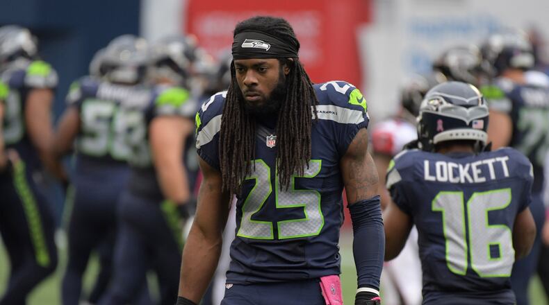 Seattle Seahawks cornerback Richard Sherman (25) reacts in the fourth quarter against the Atlanta Falcons during a NFL football game at CenturyLink Field.
