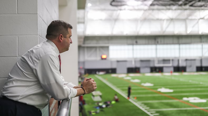 Georgia Athletic Director Josh Brooks watches a football workout in the Payne Indoor Facility on January 11, 2021. (Photo by Chamberlain Smith)