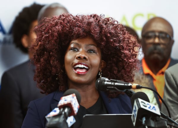 Abre' Conner, Director of the NAACP's Center for Environmental and Climate Justice, speaks during a press conference announcing NAACP plans to sue xAI over Clean Air Act on Tuesday, June 17, 2025, in Memphis. (Mark Webe/Daily Memphian via AP)