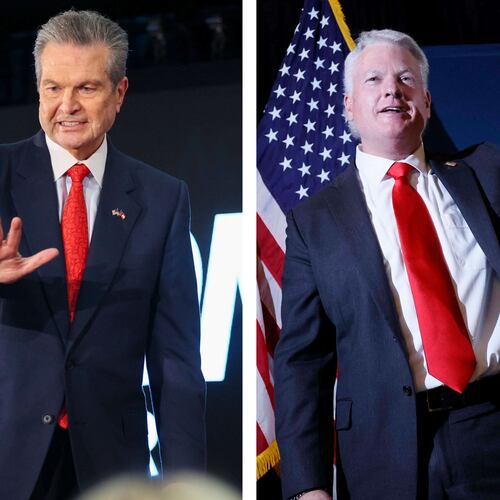 Republican gubernatorial nominee Rick Jackson (left) and Republican nominee for U.S. Senate Mike Collins. (Jason Getz and Miguel Martinez/AJC)