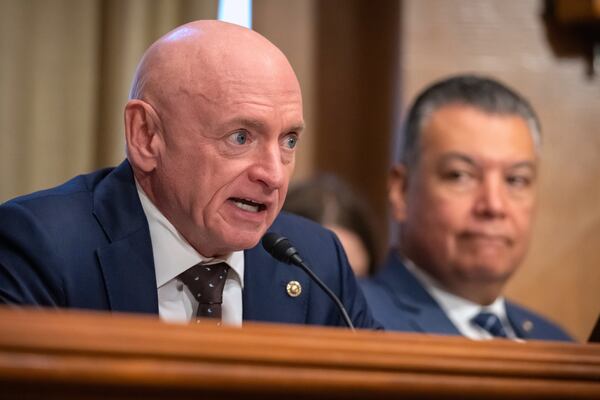 Sen. Mark Kelly, D-Ariz., speaks during a hearing of the Senate Committee on Environment and Public Works on Capitol Hill last month. (Mark Schiefelbein/AP)