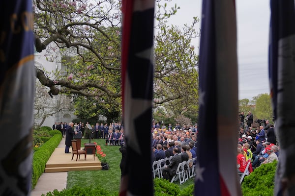 President Donald Trump speaks during an event to announce new tariffs in the Rose Garden of the White House, Wednesday, April 2, 2025, in Washington. (AP Photo/Evan Vucci)