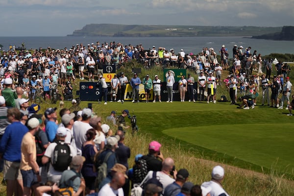 Rory McIlroy of Northern Ireland [plays off the 9th tee during a practice round for the British Open golf championship at the Royal Portrush Golf Club, Northern Ireland, Wednesday, July 16, 2025. (AP Photo/Francisco Seco)