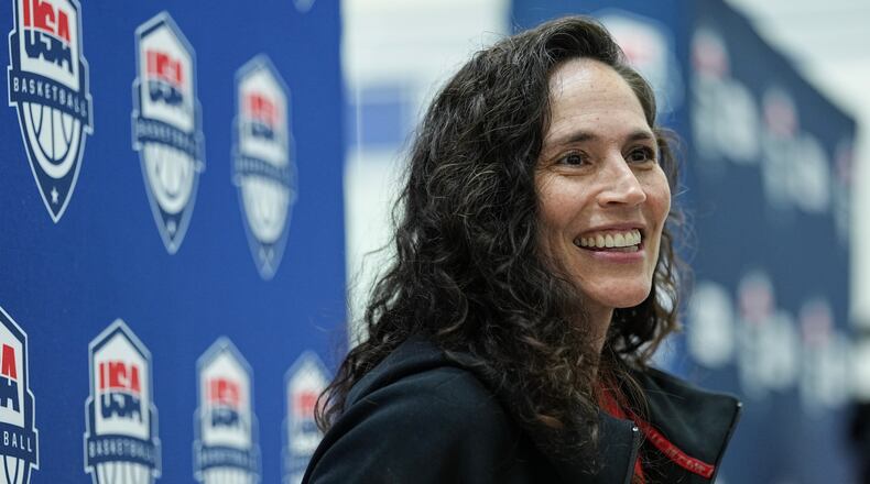 FILE - Managing director Sue Bird speaks with the media after a training camp for the U.S women's national basketball team, Friday, Dec. 12, 2025, in Durham, N.C. (AP Photo/Matt Kelley, File)