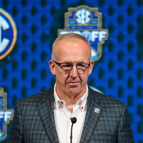 FILE - Greg Sankey, commissioner of the Southeastern Conference, speaks during NCAA college basketball women's SEC Media Day, Oct. 16, 2024, in Birmingham, Ala. (AP Photo/Mike Stewart, File)