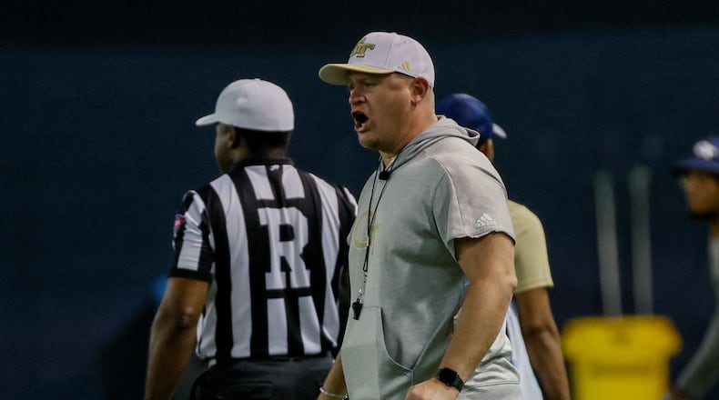 Georgia Tech coach Brent Key yells directions during the second day of football practice at the Brock Indoor Practice Facility on Thursday, July 25, 2024, in Atlanta.
(Miguel Martinez / AJC)
