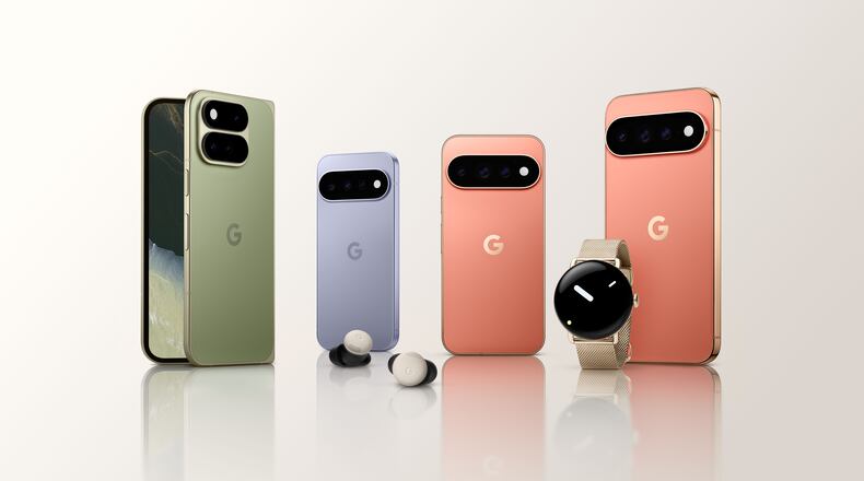 This image provided by Google in August 2026 shows its lineup of Pixel 11 phones, the Pixel Watch 5 and ear buds. (Google via AP)