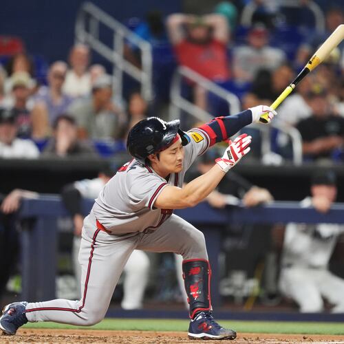 Atlanta Braves' Ha-Seong Kim strikes out swinging during game against the Miami Marlins on Monday, May 18, 2026. (Rebecca Blackwell/AP)