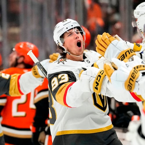 Vegas Golden Knights right wing Mitch Marner, second from left, celebrates his goal with teammates during the first period in Game 6 of a second-round NHL hockey Stanley Cup playoff series against the Anaheim Ducks, Thursday, May 14, 2026, in Anaheim, Calif. (AP Photo/Mark J. Terrill)