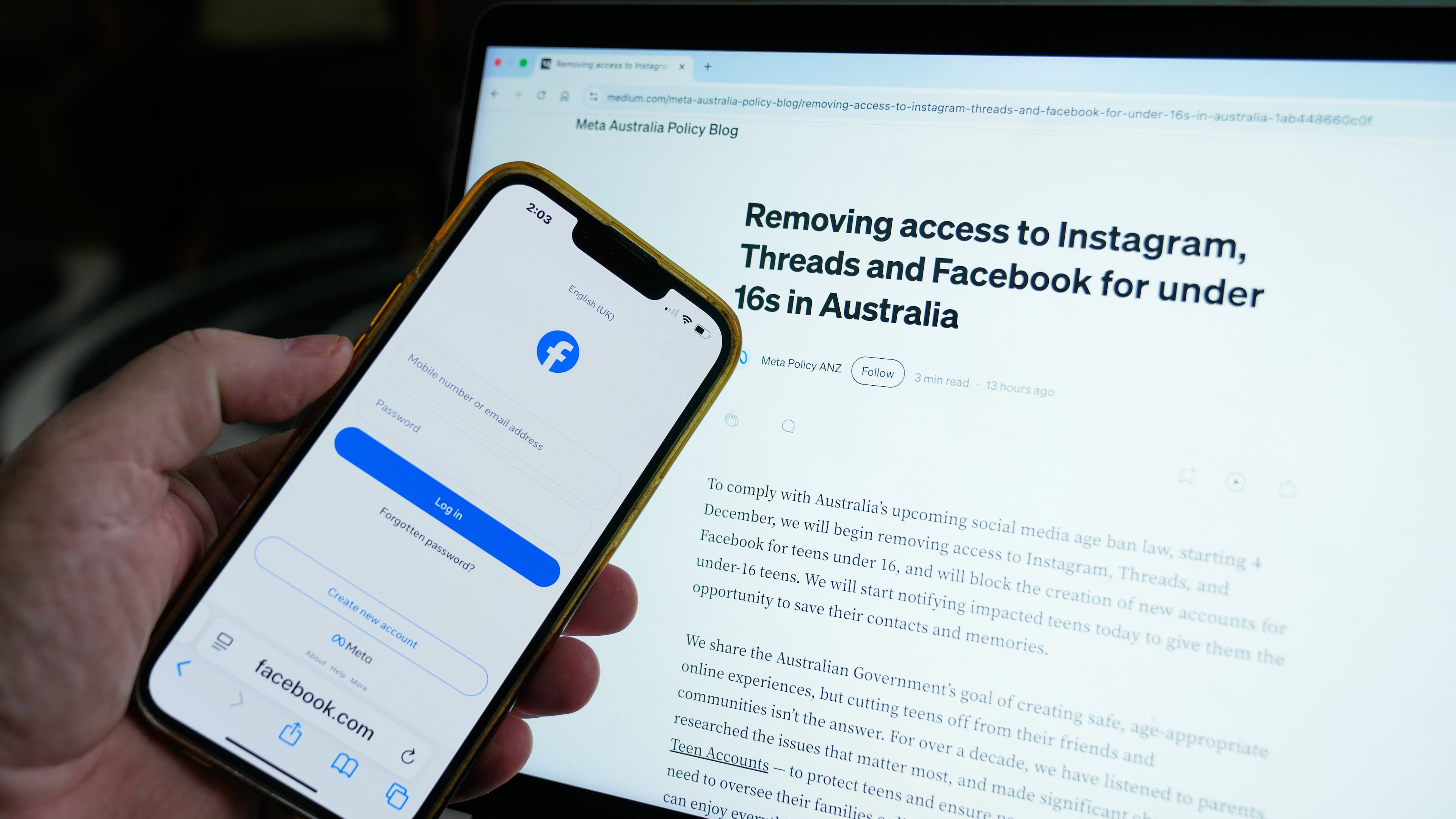A logon screen for Facebook and the new Meta policy are photographed in Sydney, Australia, Thursday, Nov. 20, 2025. (AP Photo/Rick Rycroft)