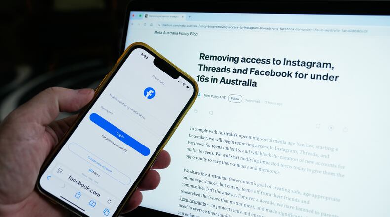 A logon screen for Facebook and the new Meta policy are photographed in Sydney, Australia, Thursday, Nov. 20, 2025. (AP Photo/Rick Rycroft)
