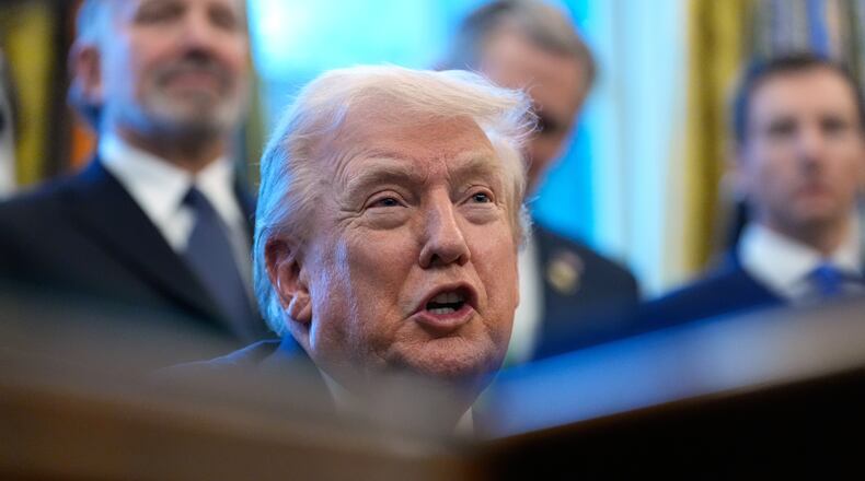 President Donald Trump speaks in the Oval Office of the White House, Monday, Feb. 2, 2026, in Washington. (AP Photo/Alex Brandon)