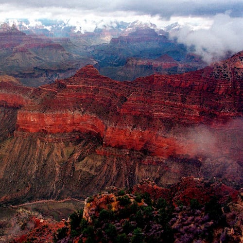FILE - The Kaibab Trail, running right to left at center, at Grand Canyon National Park on Jan. 20, 2001. (AP Photo/Matt York, File)