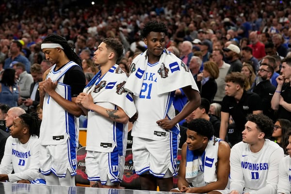 Duke reacts during their loss against the Houston in the national semifinals at the Final Four of the NCAA college basketball tournament, Saturday, April 5, 2025, in San Antonio. (AP Photo/Brynn Anderson)