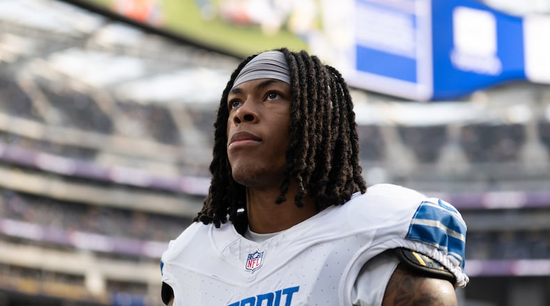FILE - Detroit Lions running back Jahmyr Gibbs (0) walks back to the locker room before an NFL football game against the Los Angeles Rams, Dec. 14, 2025, in Inglewood, Calif. (AP Photo/Kyusung Gong, File)