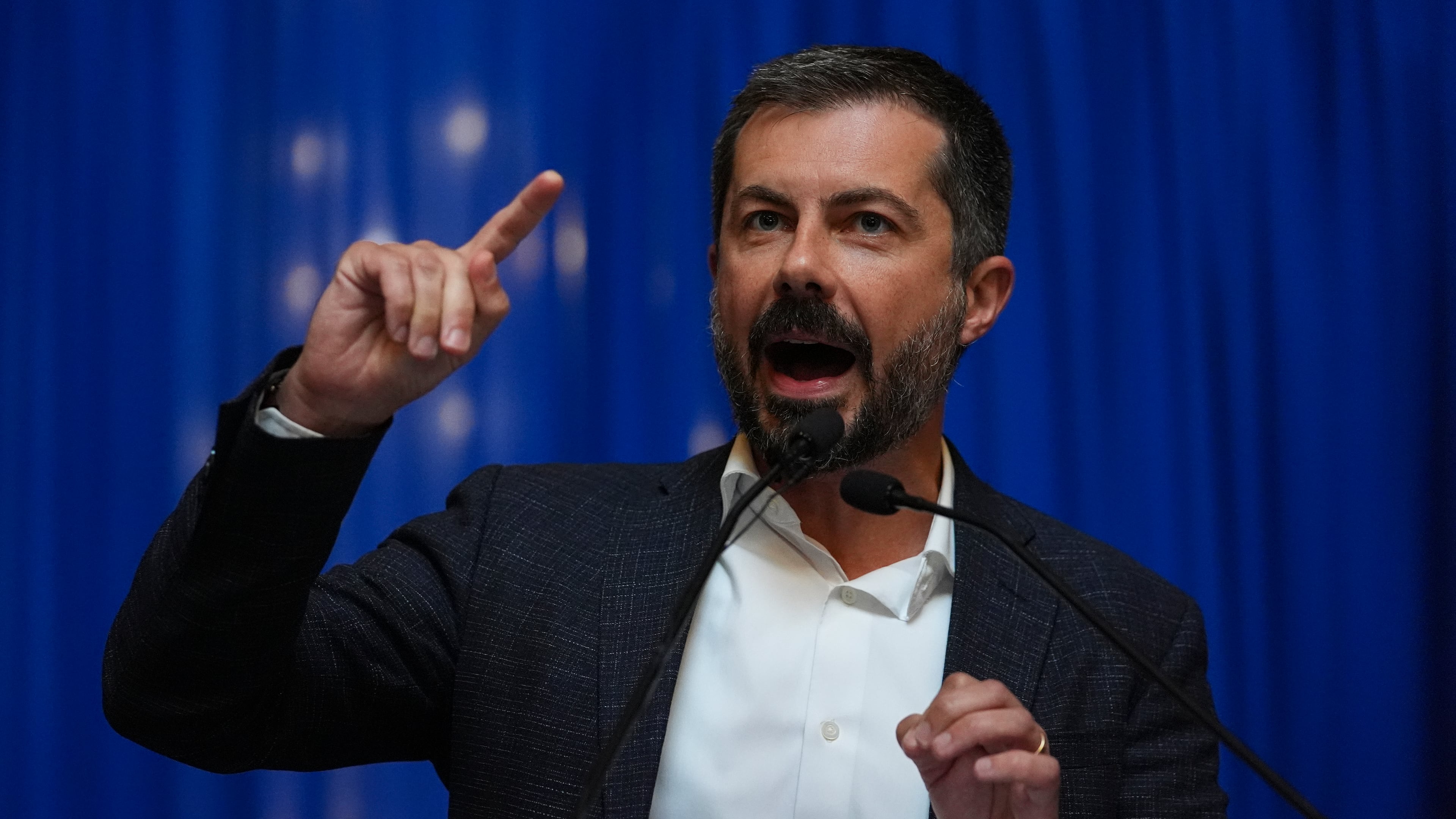Former Transportation Secretary Pete Buttigieg speaks at a rally at the Statehouse in Indianapolis, Thursday, Sept. 18, 2025 for Indiana Democrats amid pressure from President Donald Trump on Republicans who control the state's legislature to redistrict congressional seats. (AP Photo/Michael Conroy)