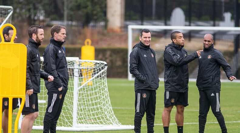 01/13/2019 -- Marietta, Georgia -- Atlanta United coaches convene during practice at the team's training facility at the Children's Healthcare of Atlanta Training Ground, Monday, January 13, 2020. (ALYSSA POINTER/ALYSSA.POINTER@AJC.COM)