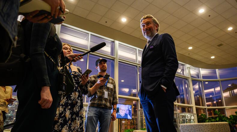 Rep. Thomas Massie, R-KY, speaks to reporters after a Kentucky Educational Television (KET) debate, Monday, May 4, 2026, in Lexington, Ky. (AP Photo/Jon Cherry)