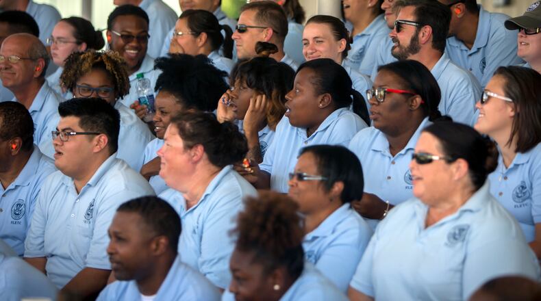 Transportation Security Administration Academy students in a class last summer react to an improvised explosive devise during a demonstration. Georgia plays a central role in TSA’s efforts to improve airport security. The TSA now trains all of its new officers Federal Law Enforcement Training Center in Brunswick under an initiative launched last year by the current TSA administrator Peter Neffenger. (AJC Photo/Stephen B. Morton)
