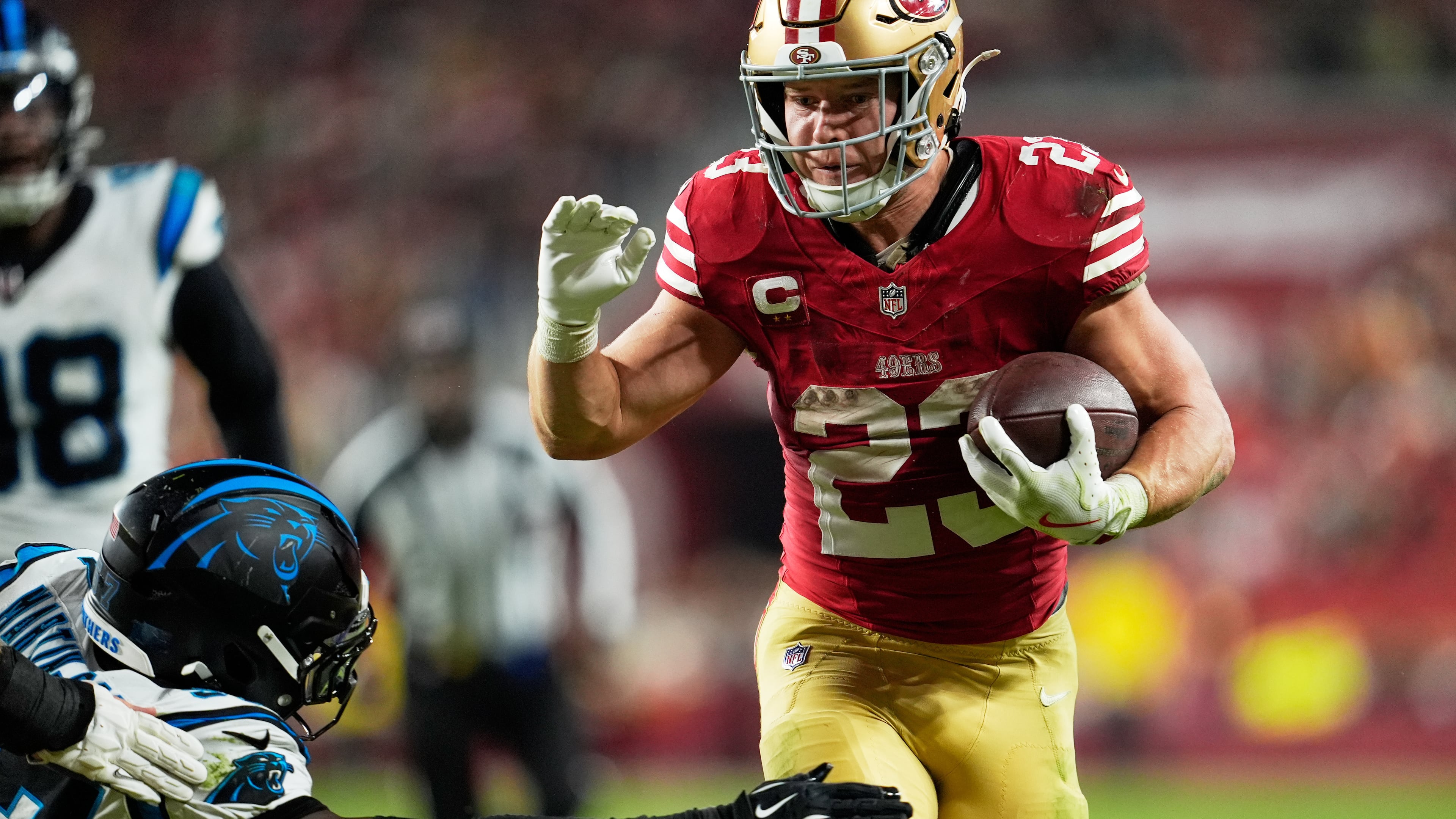San Francisco 49ers running back Christian McCaffrey runs for a touchdown against the Carolina Panthers during the second half an NFL football game, Monday, Nov. 24, 2025, in Santa Clara, Calif. (AP Photo/Godofredo A. Vásquez)