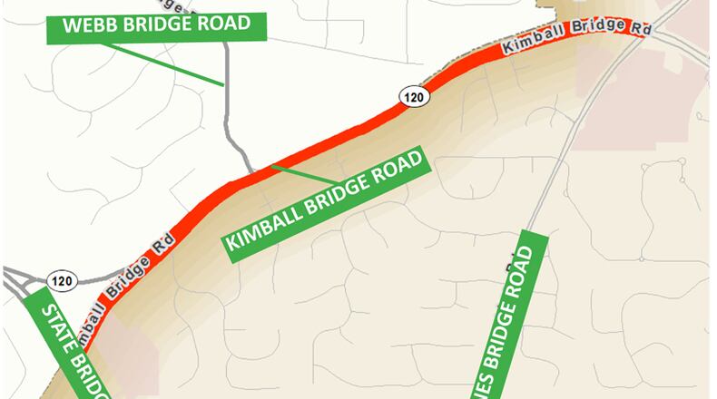 Map depicts the portion of Kimball Bridge Road being widened to four from two lanes in Johns Creek. CITY OF JOHNS CREEK