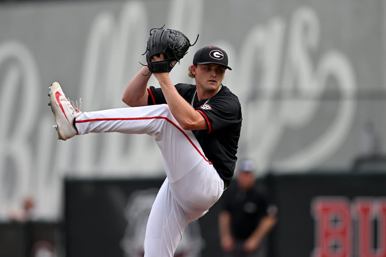 Georgia's Joey Volchko throws a pitch against Long Island during the first inning of their NCAA regional game at Foley Field on Friday, May 29, 2026, in Athens. (Hyosub Shin/AJC)