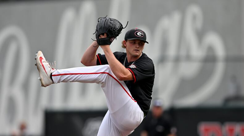 Georgia's Joey Volchko throws a pitch against Long Island during the first inning of their NCAA regional game at Foley Field on Friday, May 29, 2026, in Athens. (Hyosub Shin/AJC)