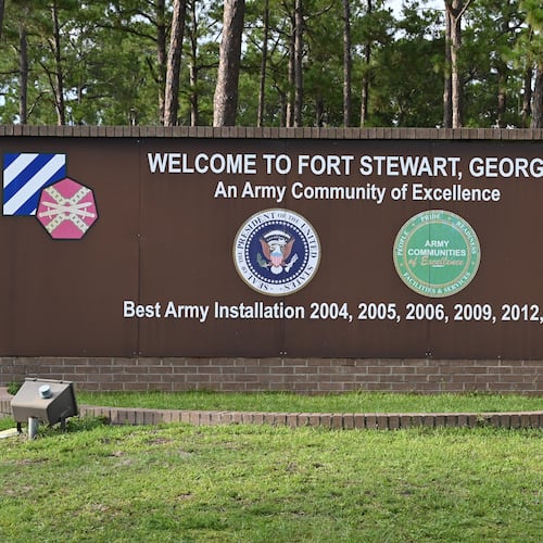 Photo shows the main gate of Fort Stewart in Hinesville. The base went under lockdown Monday after shots were fired, officials said. (Hyosub Shin/AJC 2025)