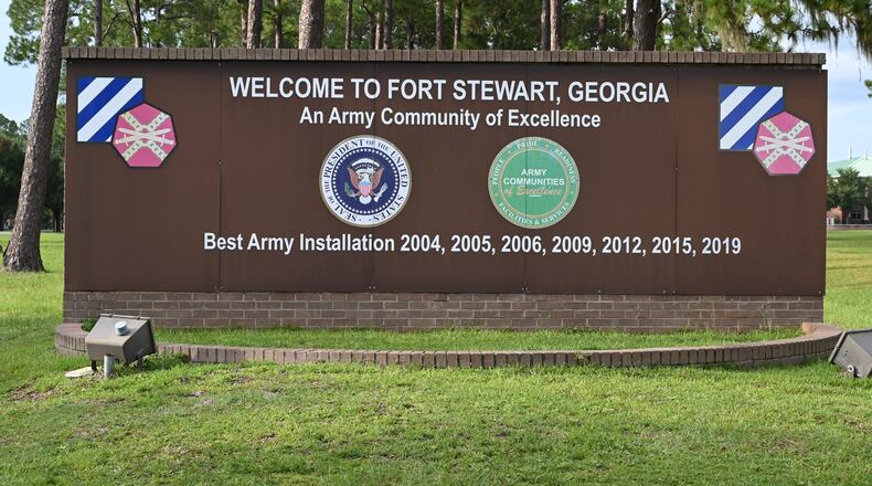 Photo shows the main gate of Fort Stewart in Hinesville. The base went under lockdown Monday after shots were fired, officials said. (Hyosub Shin/AJC 2025)