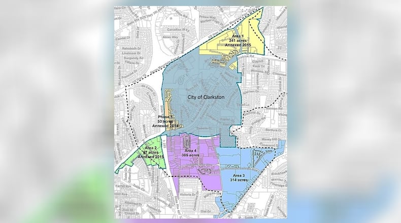 This map shows Clarkston's latest annexation proposal. The areas in blue and purple are being eyed by the city as possible areas to annex.