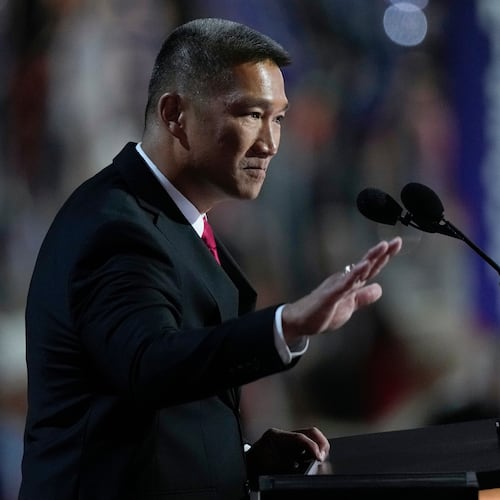 FILE - Hung Cao speaks during the Republican National Convention, July 16, 2024, in Milwaukee. (AP Photo/Matt Rourke, file)