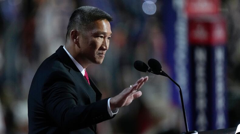 FILE - Hung Cao speaks during the Republican National Convention, July 16, 2024, in Milwaukee. (AP Photo/Matt Rourke, file)