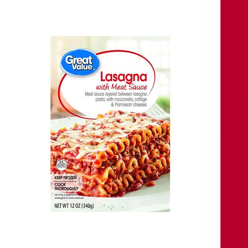 This image provided by Walmart shows from left, Walmart's Great Value Kettle Cooked Lasagna and the redesigned packaging for Walmart's Great Value Lasagna. (Walmart via AP)