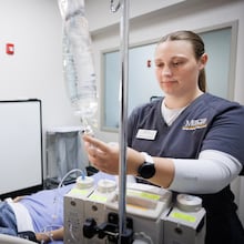 Catherine Costner trains in Mercer University’s nursing simulation lab at its Macon campus. (Courtesy of Leah Yetter)