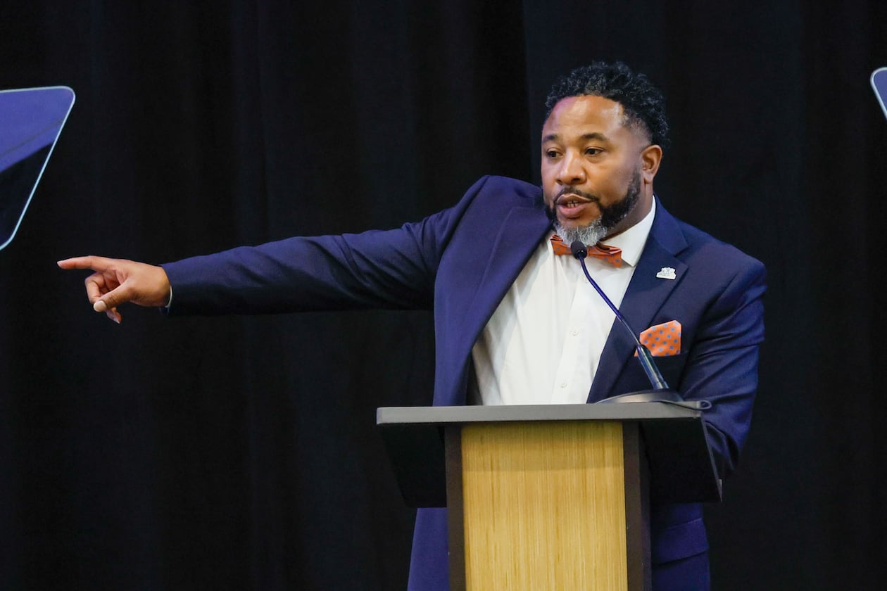Devon Horton — pictured speaking at the State of the District Address in March 2024 — has resigned as DeKalb County's school superintendent in the wake of a federal indictment on charges that he accepted kickbacks in his previous job in Illinois. (Miguel Martinez/AJC 2024)