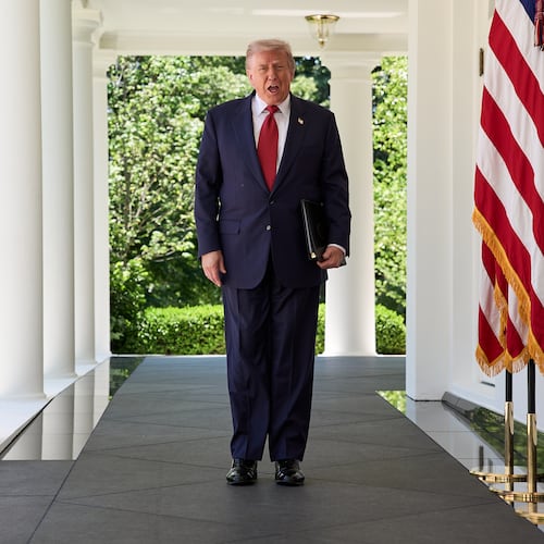 President Donald Trump walks through the Colonnade of the White House as he arrives to attend a luncheon for mothers Friday, May 8, 2026, in the Rose Garden of the White House, in Washington. (AP Photo/Jacquelyn Martin)