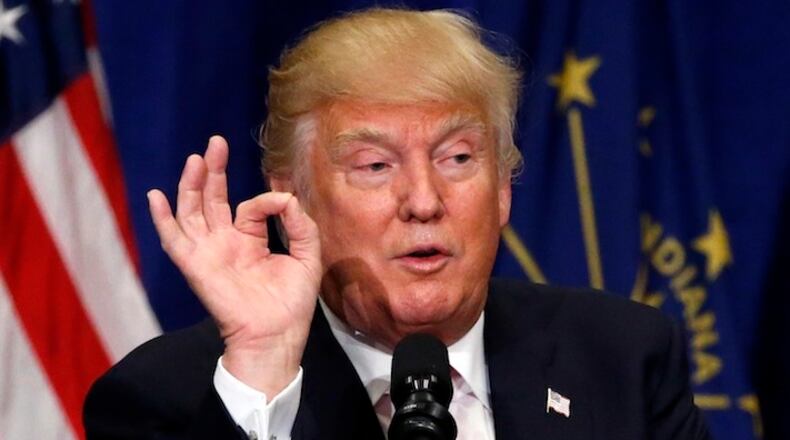 Republican presidential candidate Donald Trump speaks during a campaign stop Monday, May 2, 2016, in South Bend, Ind. (AP Photo/Charles Rex Arbogast)