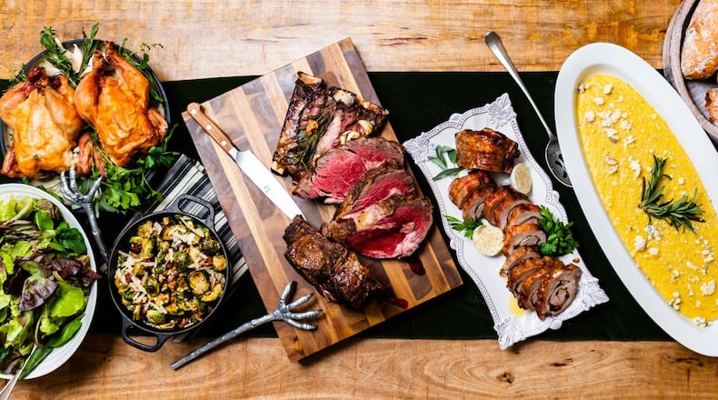 Here are some options for your Easter dinner from chef Rusty Bowers of Chop Shop and Pine Street Market: Brined and Roasted Whole Chicken, King Prime Rib and Pork Loin Stuffed with Porcini and Herb Butter. Sides include Brussels Sprouts with Walnuts and Bacon (second from bottom left) and Creamy Polenta (right). CONTRIBUTED BY HENRI HOLLIS