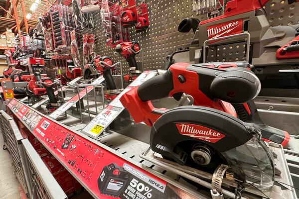 Power tools on display at a Home Depot store Thursday, April 17, 2025, in Orlando, Fla. (AP Photo/John Raoux)