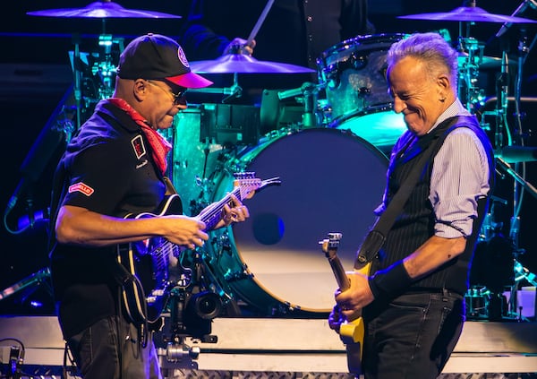 Bruce Springsteen (right) and Tom Morello trade licks in the middle of "Born in the USA" on Saturday, May 2, 2026, at State Farm Arena in Atlanta. (Ryan Fleisher at the AJC)
