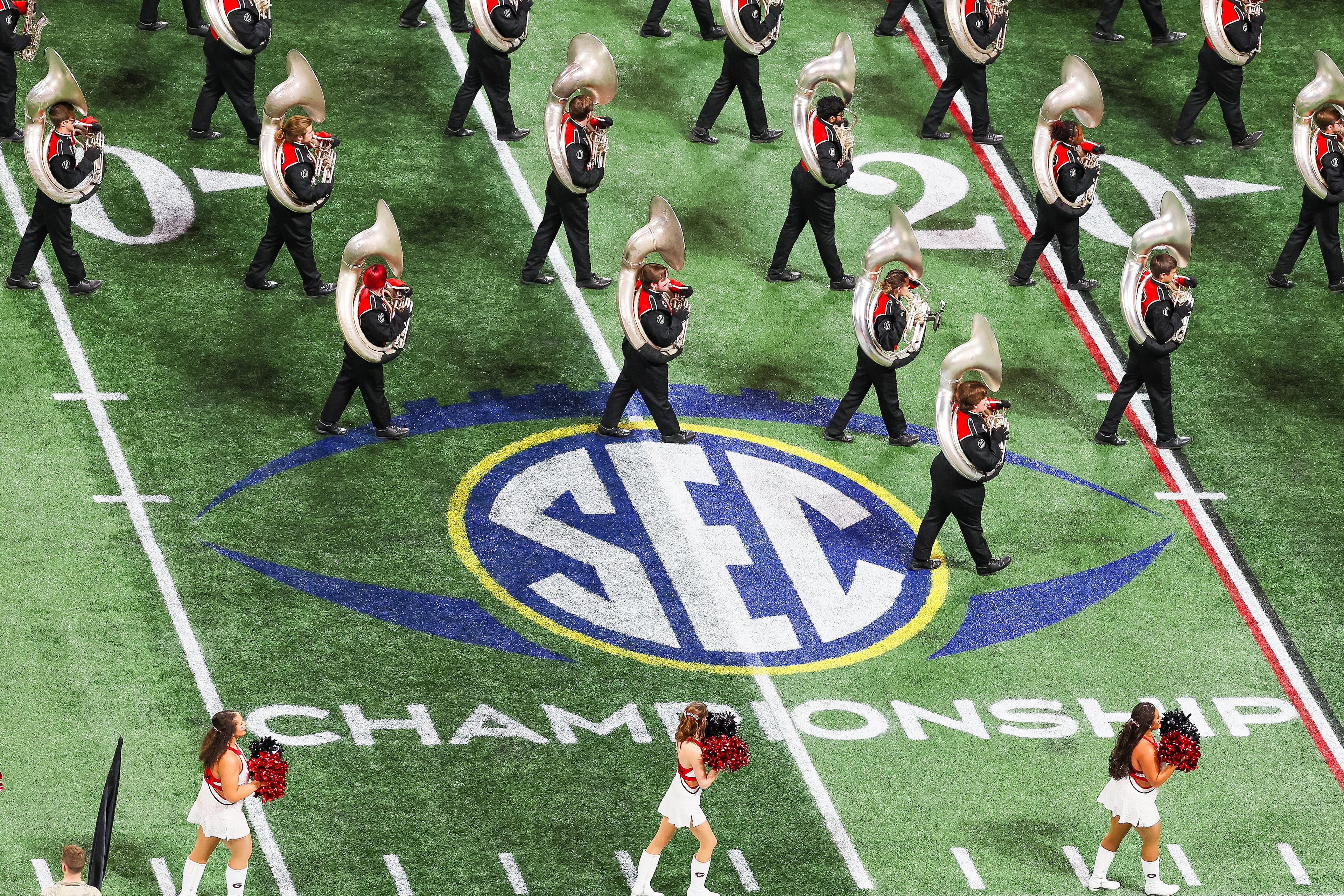 The Georgia marching band performs during the SEC Championship Game at Mercedes-Benz Stadium, Saturday, Dec. 6, 2025, in Atlanta. (Jason Getz / AJC)