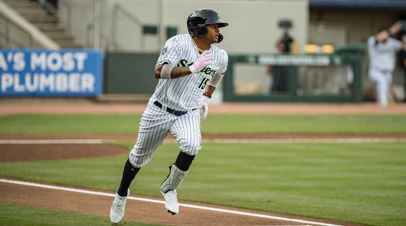 Braves center fielder Cristian Pache made his first rehab appearance with Gwinnett, Tuesday, June 1, 2021, playing center field and going 1-for-3 with a run scored in a 6-2  loss to the Jacksonville Jumbo Shrimp at Coolray Field in Lawrenceville. (Will Fagan/Gwinnett Stripers)
