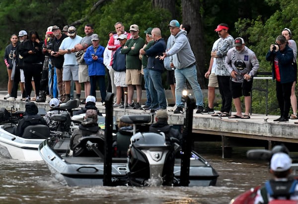 Student anglers and their coaches head out on Lake Sinclair during the GHSA State Bass Fishing Championship at Dennis Station Boat Ramp on Saturday, May 9, 2026, in Eatonton. (Hyosub Shin/AJC)