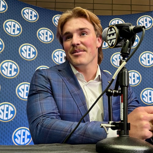 LSU linebacker Whit Weeks, from Oconee County, speaks during SEC Media Days on July 14, 2025. (Mike Griffith/AJC)