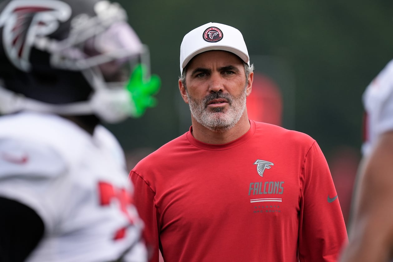 Falcons head coach Kevin Stefanski watches the team work out during training camp on Friday, Aug. 7, 2026, in Flowery Branch. The Falcons have issues, with the season fast approaching, AJC columnist Michael Cunningham writes. (Mike Stewart/AP)