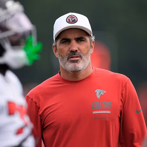 Falcons head coach Kevin Stefanski watches the team work out during training camp on Friday, Aug. 7, 2026, in Flowery Branch. The Falcons have issues, with the season fast approaching, AJC columnist Michael Cunningham writes. (Mike Stewart/AP)