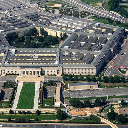 FILE - The Pentagon is viewed from the window of an airplane Aug. 27, 2023, in Washington. (AP Photo/Carolyn Kaster, File)